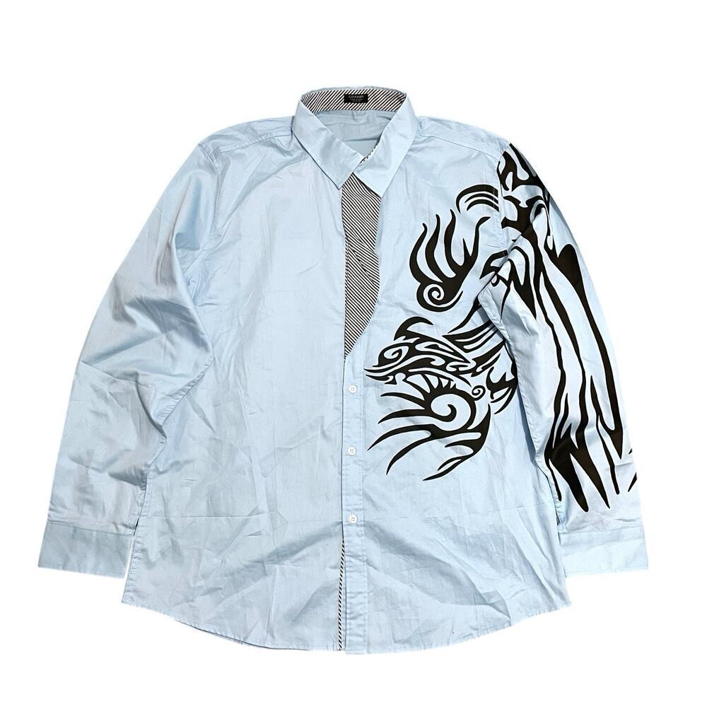 NWOT Coofandy Y2K Tribal Ink Print Shirt Sz L Blue Button Down Flip Cuff Preppy
